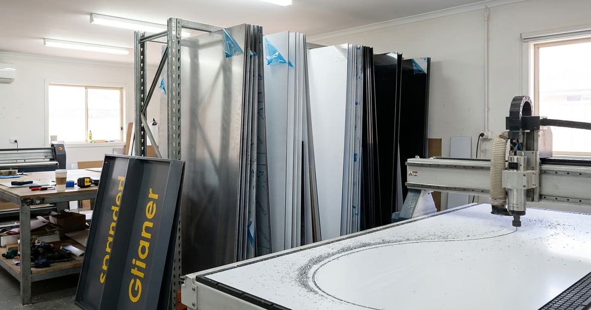 Sign shop with upright ACM or aluminum sheets in rack storage and a CNC router cutting a white flat panel