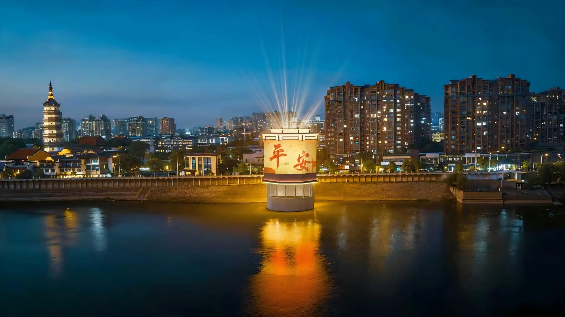 INFiLED Binjiang Light eight-sided LED tower wrap on the Anqing riverside water tower